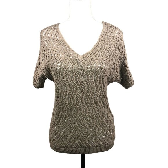Dana Buchman Light Brown Short Sleeve V Neck Sweater Open Weave size XS - Picture 1 of 11
